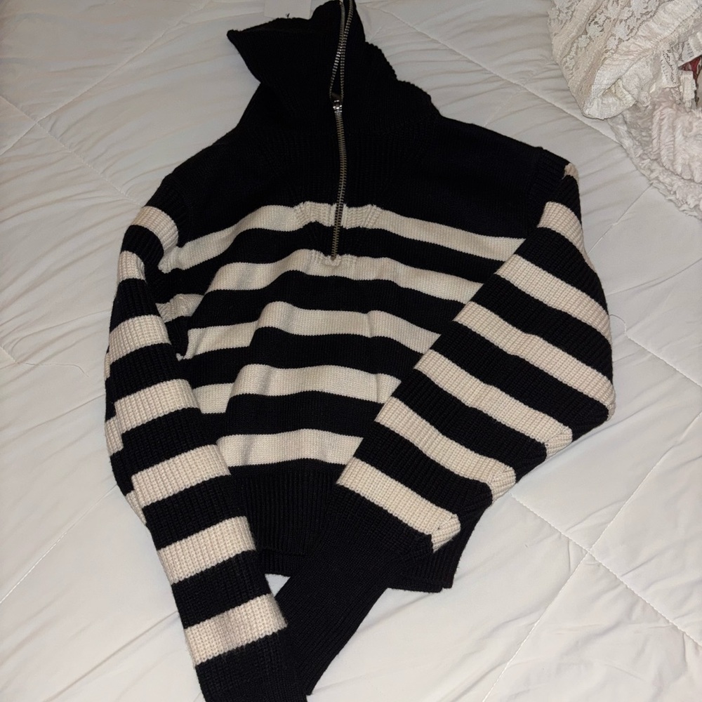 Zara Black and Cream Striped Turtleneck Sweater